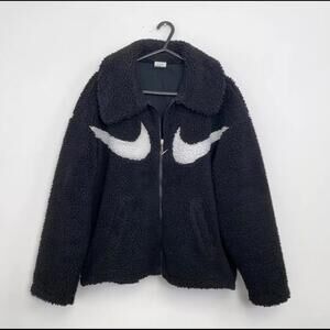Nike Womens Heavy Sherpa Jacket Fleece Teddy Size L Loose Black Double Swoosh